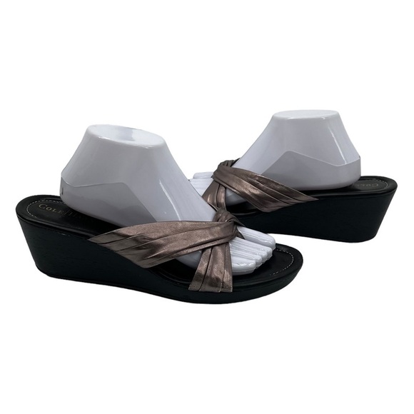 Cole Haan Bronze Metallic Criss Cross Strap Thong Wedge Sandals Size 11 Women’s - Picture 1 of 10